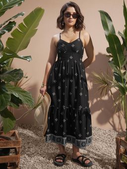 VISHUDH - Women Black Printed Midi Dress