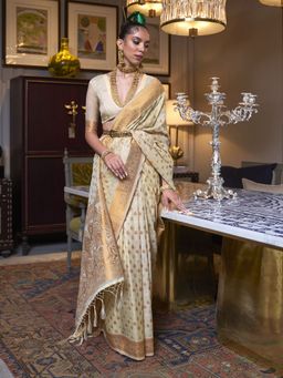 Akhilam - Womens Silk Blend Cream Woven Designer Saree with Unstitched Blouse