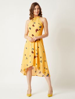 Miss Chase - Women Yellow Halter Neck Sleeveless Printed Midi Dress