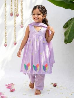ARTH LIFE - Girls Lavender Cotton Festive Kurti With Pant And Dupatta