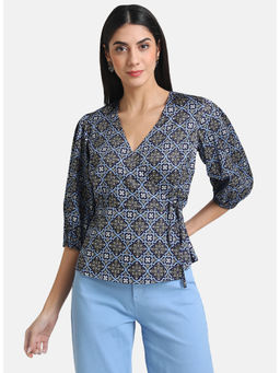 Kazo - Navy Blue Printed Satin Wrap Top