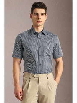 Louis Philippe - Men Navy Blue Stripes Half Sleeves Formal Shirt