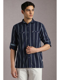 Louis Philippe - Men Navy Blue Stripes Full Sleeves Casual Shirt