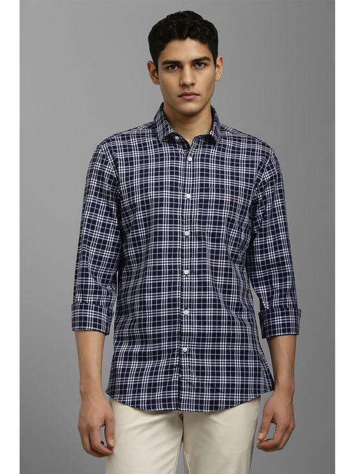 Louis Philippe Mens Navy Classic Checks Premium Silk Touch Slim fit Casual Shirt