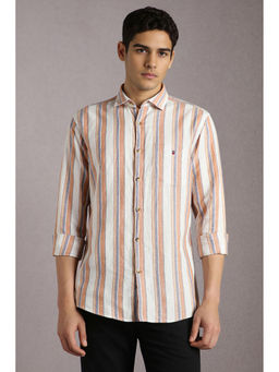 Louis Philippe - Men Peach Stripes Full Sleeves Casual Shirt