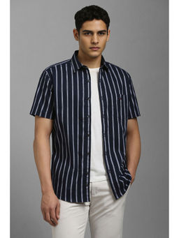 Louis Philippe - Men Navy Blue Stripes Half Sleeves Casual Shirt