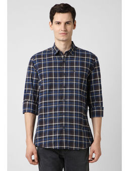 Peter England - Men Navy Blue Checks Full Sleeves Casual Shirt