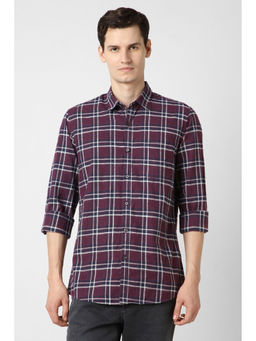 Peter England - Men Wine Checks Full Sleeves Casual Shirt