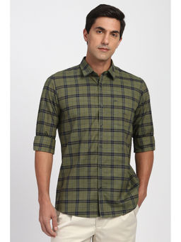 Peter England - Men Olive Checks Full Sleeves Casual Shirt