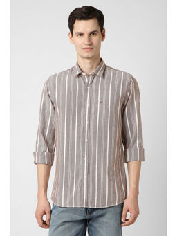 Peter England - Men Brown Stripes Full Sleeves Casual Shirt