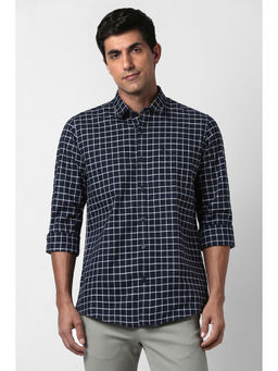 Peter England - Men Navy Blue Checks Full Sleeves Casual Shirt