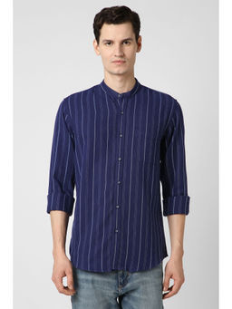 Peter England - Men Navy Blue Stripes Full Sleeves Casual Shirt