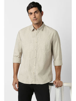 Peter England - Men Beige Stripes Full Sleeves Casual Shirt