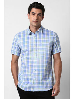 Peter England - Men Light Blue Checks Half Sleeves Casual Shirt