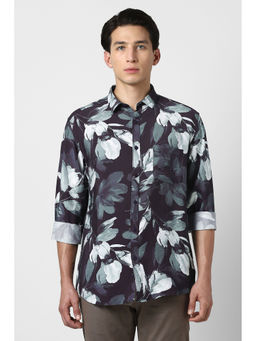Van Heusen - Men Navy Blue Floral Print Full Sleeves Party Shirt