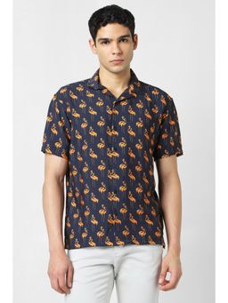 Van Heusen - Men Navy Blue Print Half Sleeves Party Shirt