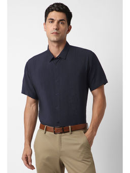 Van Heusen - Men Navy Blue Solid Half Sleeves Shirt