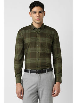 Van Heusen - Men Olive Checks Full Sleeves Formal Shirt