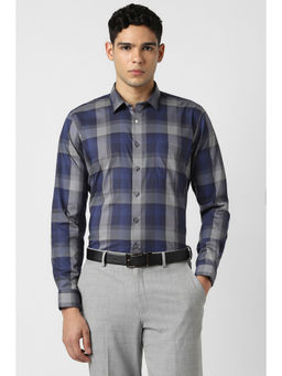 Van Heusen - Men Navy Blue Checks Full Sleeves Formal Shirt