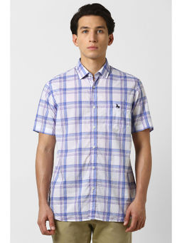 Van Heusen - Men White and Blue Checks Half Sleeves Casual Shirt