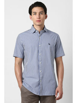 Van Heusen - Men Blue Stripes Half Sleeves Casual Shirt