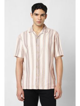 Van Heusen - Men Beige Stripes Half Sleeves Casual Shirt