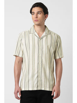Van Heusen - Men Cream Textured Half Sleeves Casual Shirt