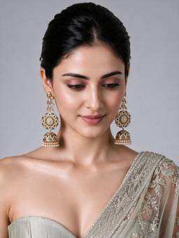 VIVINIA By Vidhi Mehra - 18K Gold Plated Emerald Green Stone Jadau Pearl Jhumka Earrings