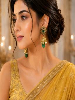 VIVINIA By Vidhi Mehra - Green Emerald Kundan Jhumka Earrings