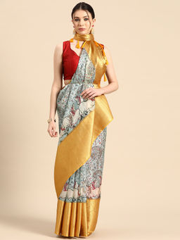 Silk Land - Women Pichwai Muga Silk Digital Print Grey Saree With Unstitched Blouse