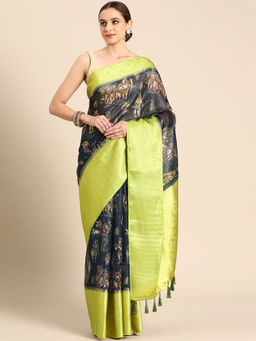 Silk Land - Women Pichwai Muga Silk Digital Print Grey Saree With Unstitched Blouse