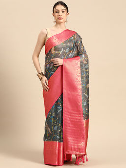 Silk Land - Women Pichwai Muga Silk Digital Print Grey Saree With Unstitched Blouse