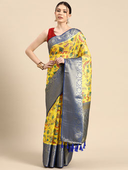 Silk Land - Women Pichwai Muga Silk Digital Print Yellow Saree With Unstitched Blouse