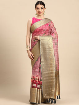 Silk Land - Women Pichwai Muga Silk Digital Print Beige Saree With Unstitched Blouse