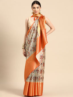 Silk Land - Women Pichwai Muga Silk Digital Print Orange Saree With Unstitched Blouse