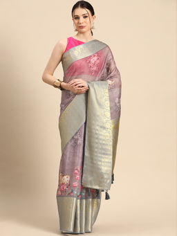 Silk Land - Women Pichwai Muga Silk Digital Print Pink Saree With Unstitched Blouse