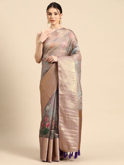 Silk Land - Women Pichwai Muga Silk Digital Print Grey Saree With Unstitched Blouse