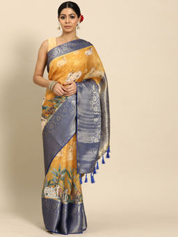 Silk Land - Women Pichwai Muga Silk Digital Print Mustard Saree With Unstitched Blouse