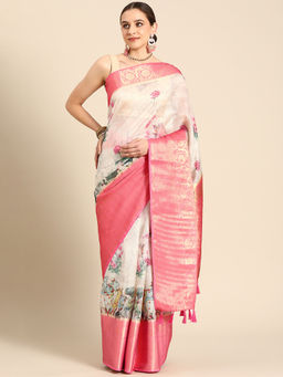 Silk Land - Women Pichwai Muga Silk Off White Saree With Unstitched Blouse