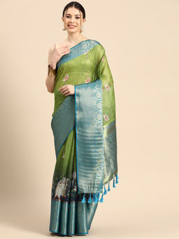 Silk Land - Women Pichwai Muga Silk Digital Print Olive Saree With Unstitched Blouse