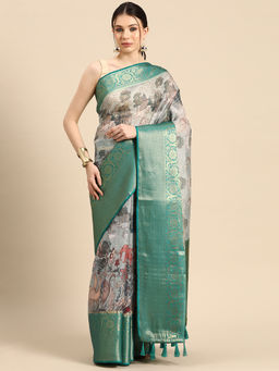 Silk Land - Women Pichwai Muga Silk Digital Print Grey Saree With Unstitched Blouse