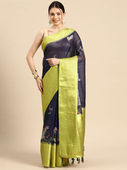 Silk Land - Women Pichwai Muga Silk Navy Blue Saree With Unstitched Blouse