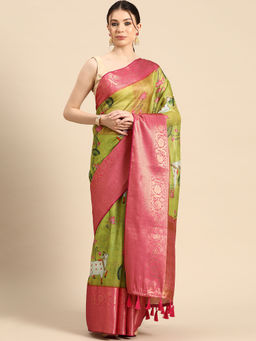 Silk Land - Women Pichwai Muga Silk Digital Print Green Saree With Unstitched Blouse