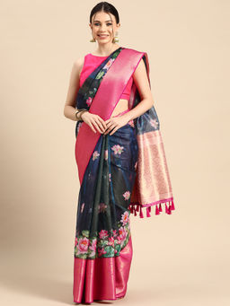 Silk Land - Women Pichwai Muga Silk Navy Blue Saree With Unstitched Blouse