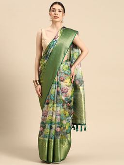 Silk Land - Women Pichwai Muga Silk Digital Print Green Saree With Unstitched Blouse