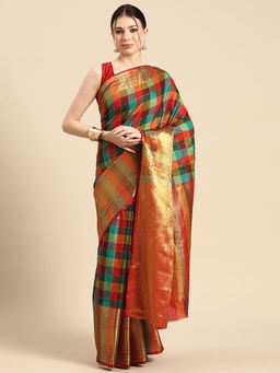 Silk Land - Women Kanjivar Checks Multi-Colour Saree With Unstitched Blouse
