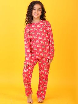 ANTHRILO - Red Reindeer Girls Long Sleeves T-shirt & Pyjama (Set of 2)