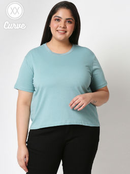 Twenty Dresses by Nykaa Fashion - Curve Aqua Blue Solid Round Neck Short Sleeves Basics T Shirt