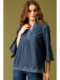 Gipsy - Blue Medium Length Mandarin Collar 3-4th Sleeves Embellished Denim Tunic
