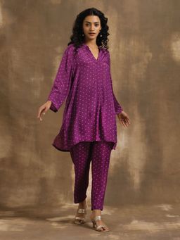 trueBrowns - Purple Bandhani Printed Silk Co-Ord (Set of 2)